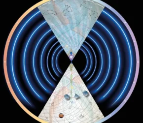 Representação simbólica da Mesa Radiónica Renascimento, uma ferramenta de transformação energética e ascensão espiritual que trabalha com frequências vibratórias elevadas.