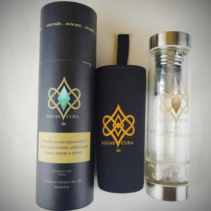 Garrafa de inox com cristal de Quartzo da marca Água de Cura.
