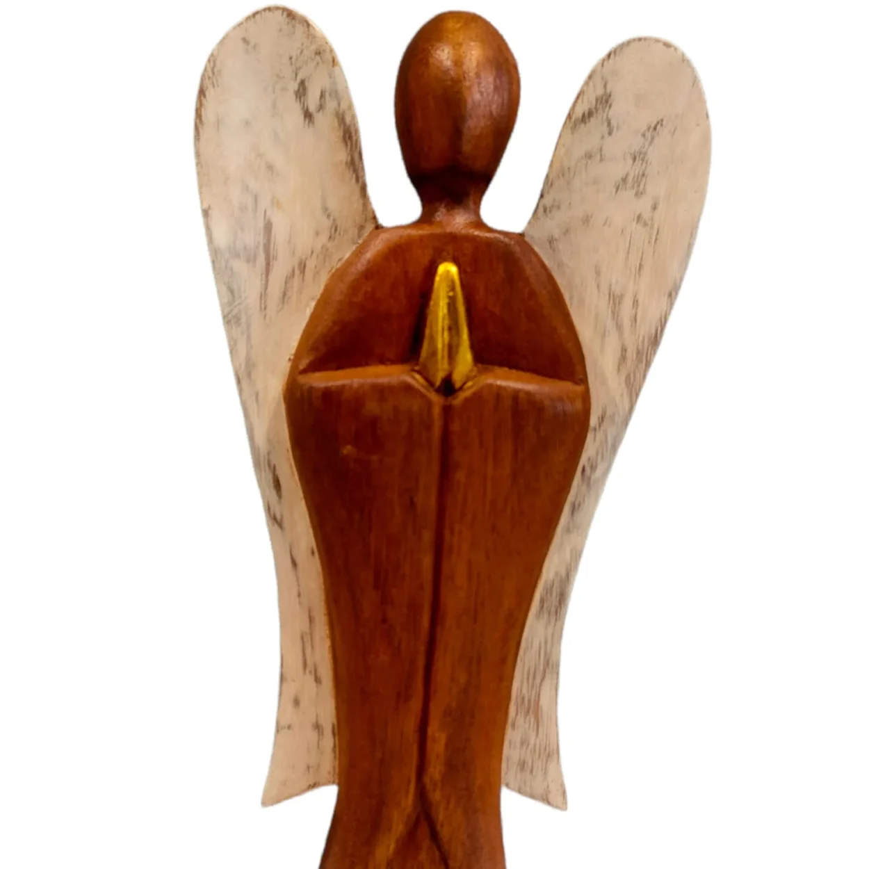 Anjo do Amor em madeira, com asas brancas e mãos douradas, simbolizando amor e proteção.