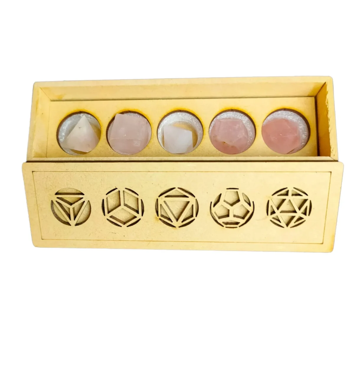 Estojo contendo 5 sólidos platónicos em Quartzo Rosa, com caixa de madeira gravada.