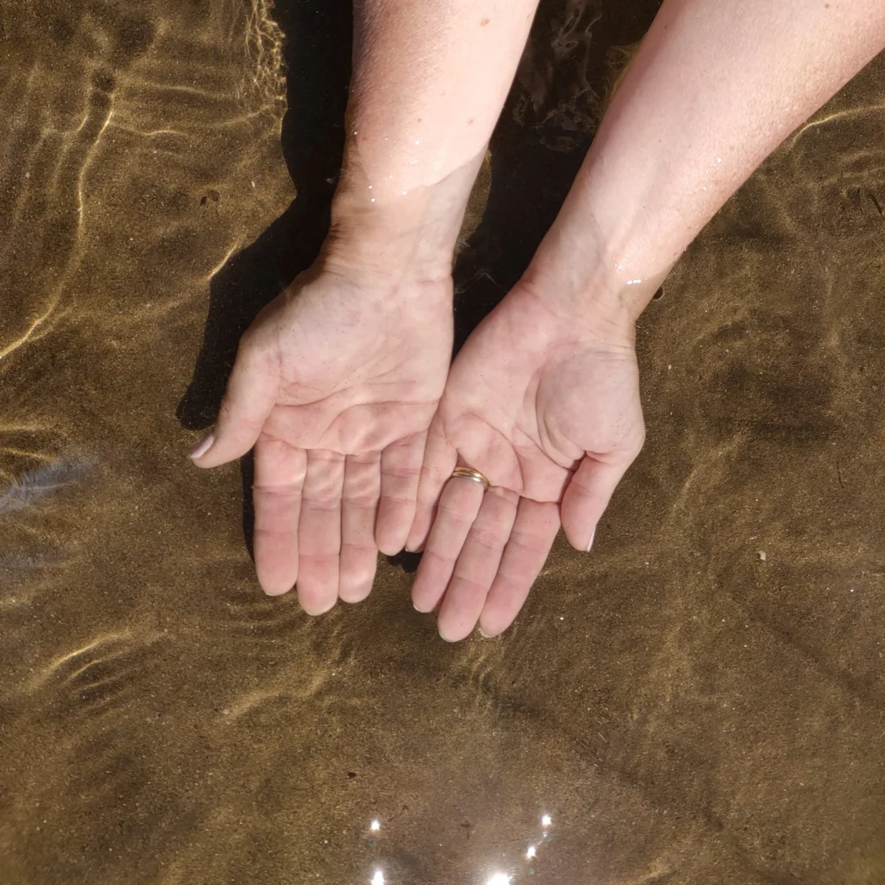 Reflexão sobre a prática de receber a luz do sol através das palmas das mãos e a experiência realizada com a água do mar.