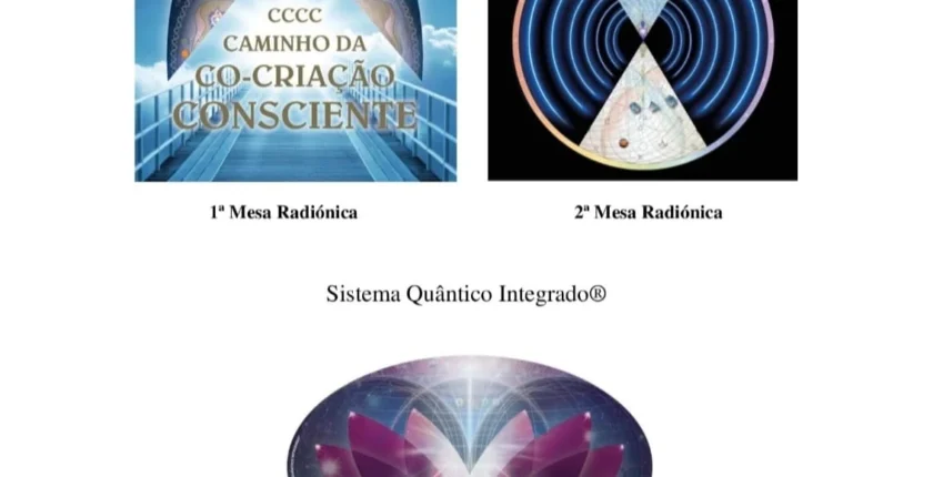 Imagem das 3 Mesas Radiónicas: CCC, Renascimento, e Sistema Quântico Integrado, com destaque para suas funções de cura vibratória e evolução espiritual.
