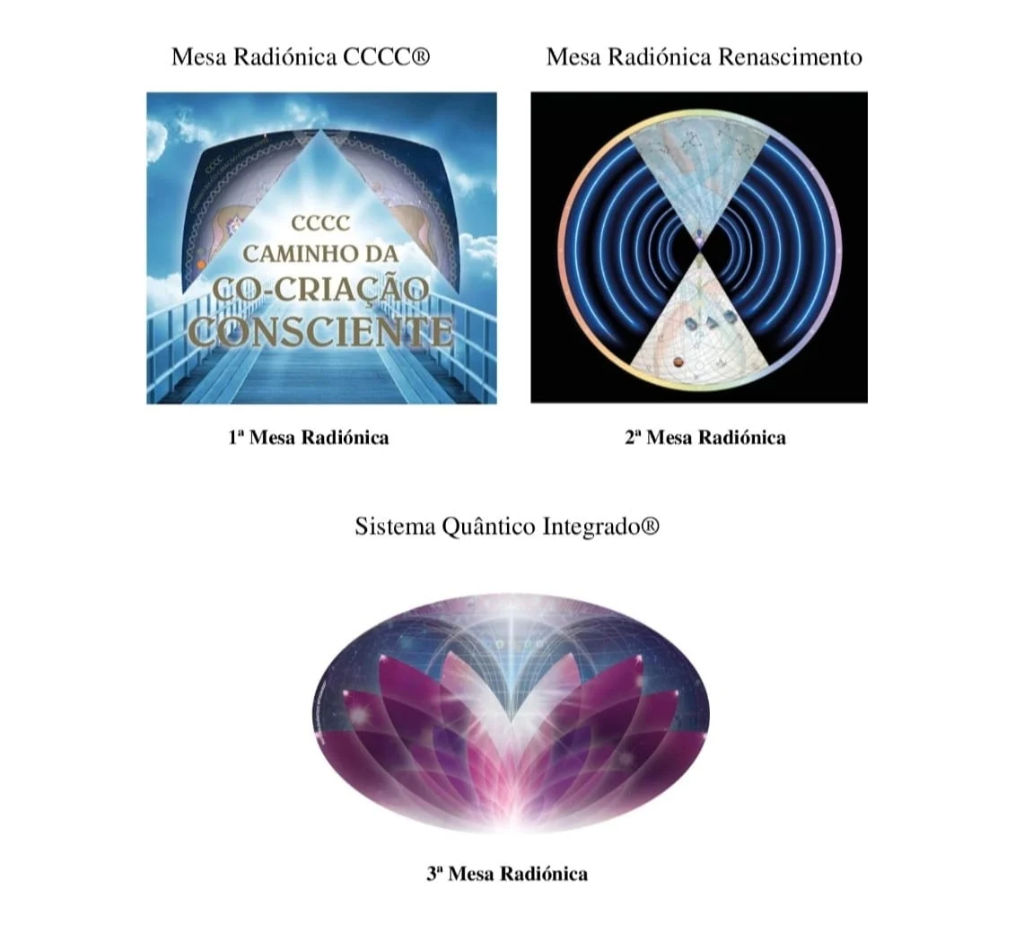 Imagem das 3 Mesas Radiónicas: CCC, Renascimento, e Sistema Quântico Integrado, com destaque para suas funções de cura vibratória e evolução espiritual.