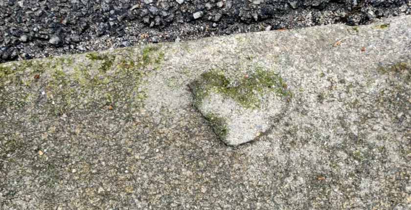 Foto de um coração ancorado no granito, encontrado durante a caminhada diária entre a casa e a loja.