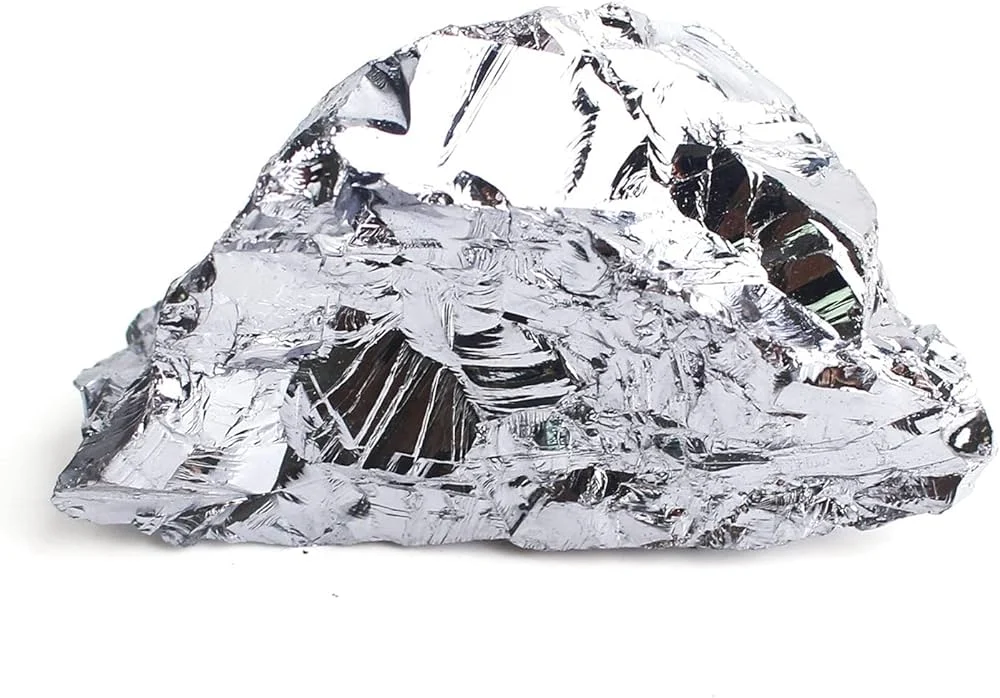 Pedra Terahertz com aparência metálica, composta por silício e titânio, ideal para combater radiação e condições físicas.