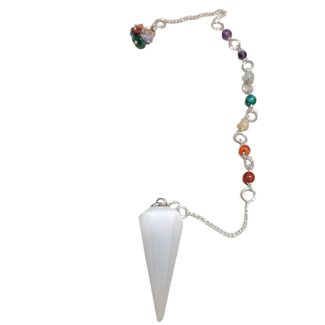 Pêndulo em Selenite facetado com cadeado metálico e pedras dos chakras.